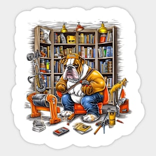 A Carpenter English Bulldog with a measuring tape and drill, installing shelves in a cozy home library Sticker